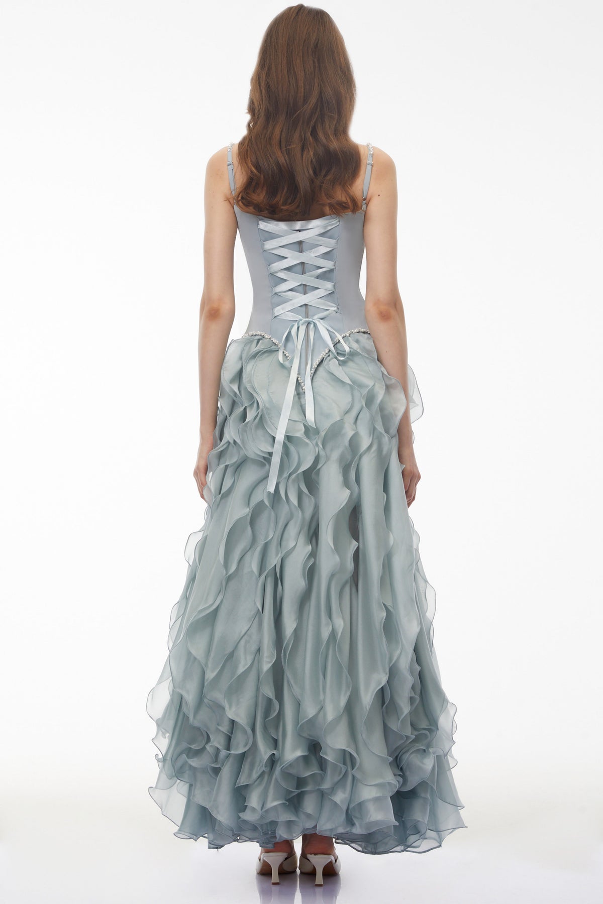Ianthe Dusty Blue Ruffled Tulle Maxi Dress