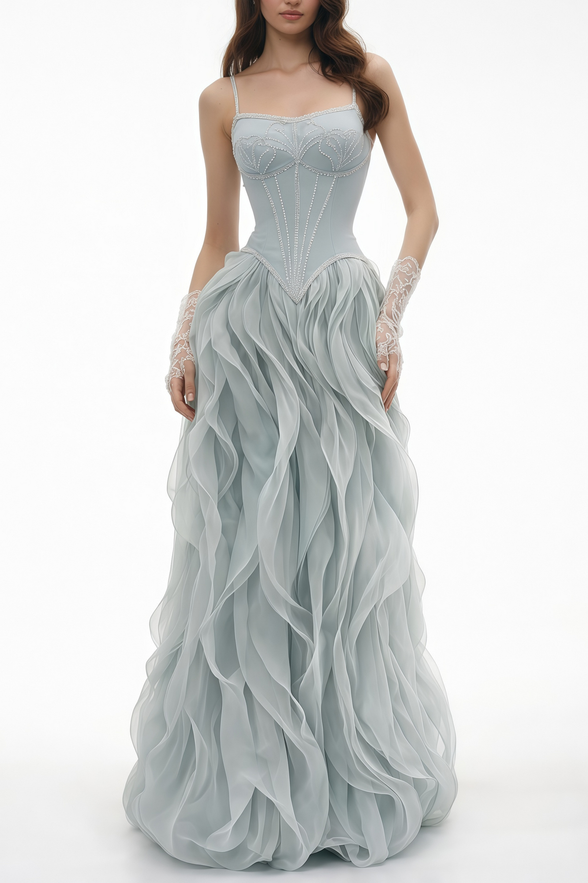 Ianthe Dusty Blue Ruffled Tulle Maxi Dress