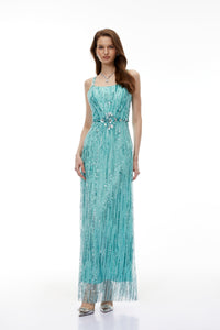 Ianthe Green Embellishment Fringed Maxi Dress