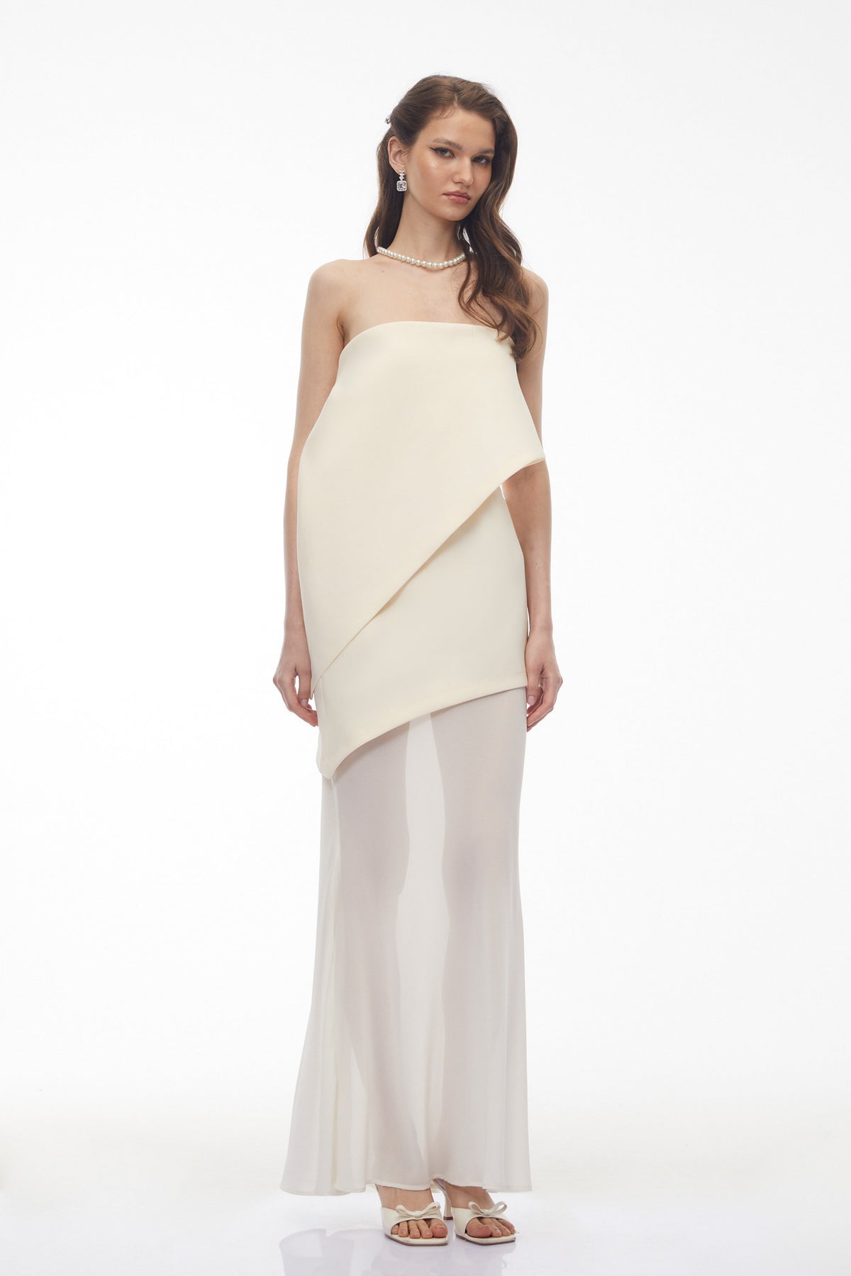 Idalina Ivory White Asymmetrical Mesh Maxi Dress