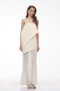 Idalina Ivory White Asymmetrical Mesh Maxi Dress