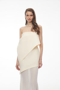 Idalina Ivory White Asymmetrical Mesh Maxi Dress