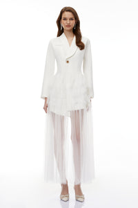 Illyria White Blazer Maxi Dress with Ruffled Tulle