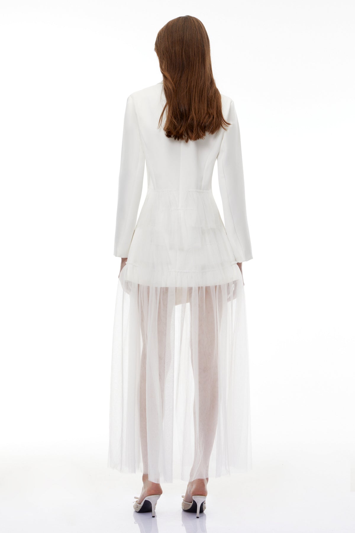 Illyria White Blazer Maxi Dress with Ruffled Tulle