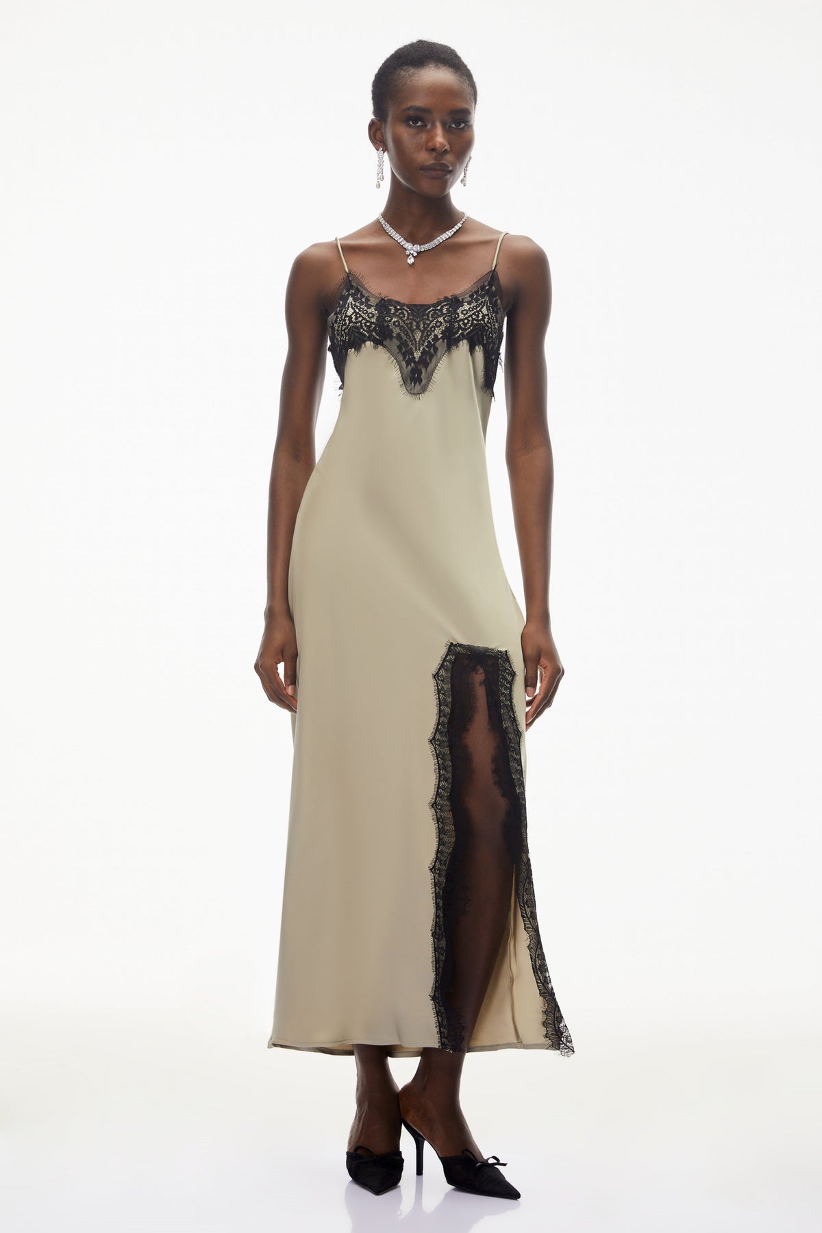 Ilmatar Sage Green Satin Maxi Dress with Lace Panels