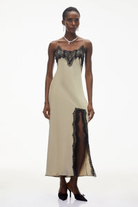 Ilmatar Sage Green Satin Maxi Dress with Lace Panels