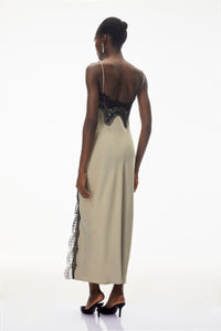 Ilmatar Sage Green Satin Maxi Dress with Lace Panels