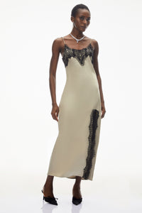 Ilmatar Sage Green Satin Maxi Dress with Lace Panels