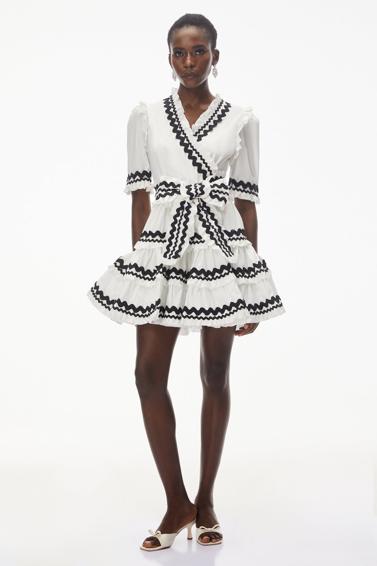 Inanna White V-Neck Ruffled Mini Dress