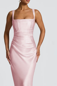 Inmaculada Pink Ruched Satin Maxi Dress (Without Gloves)