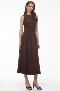 Iolanthe Chocolate Brown Asymmetrical Ruched Midi Dress