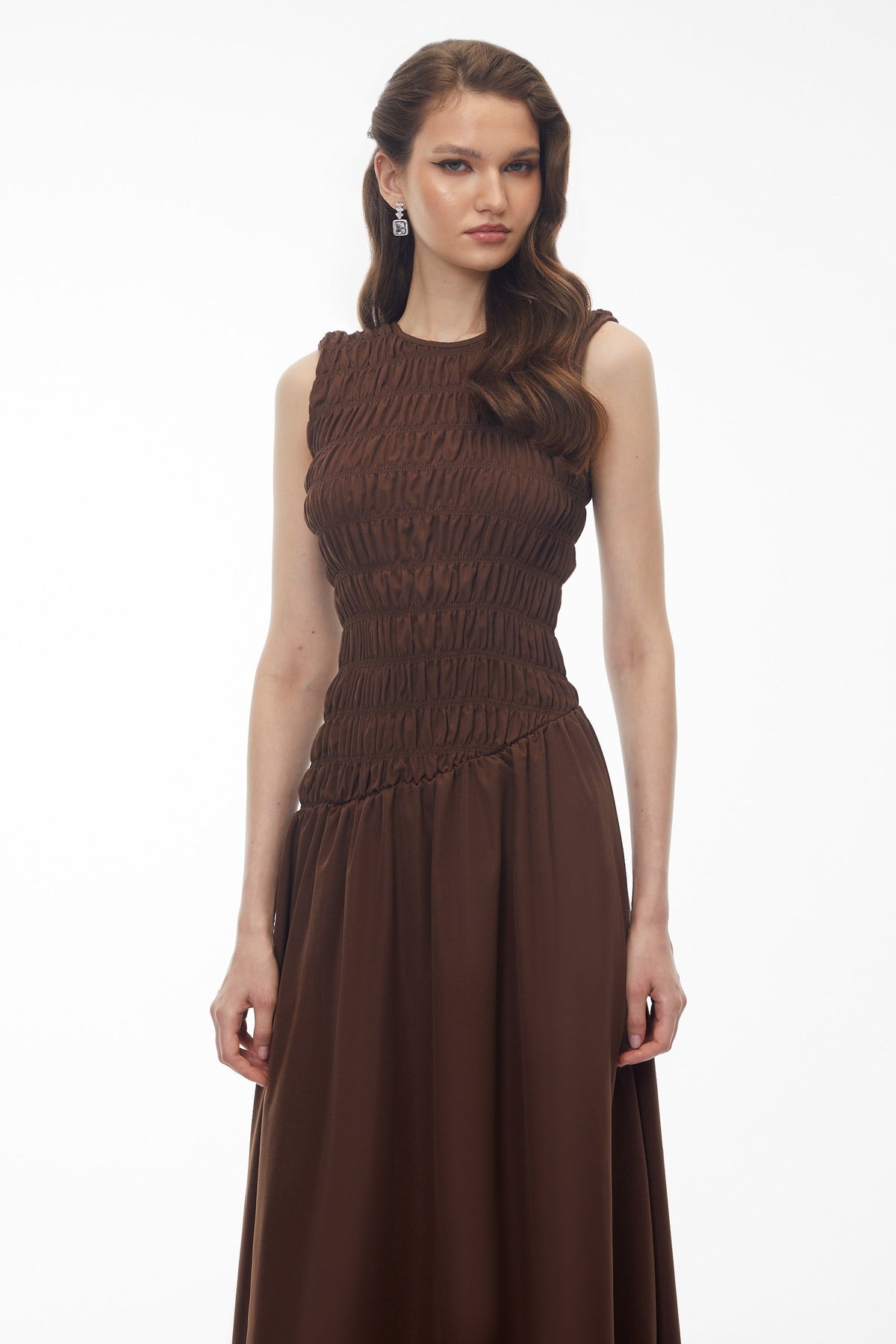 Iolanthe Chocolate Brown Asymmetrical Ruched Midi Dress