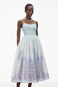 Iris Blue Sleeveless Ruched Midi Dress