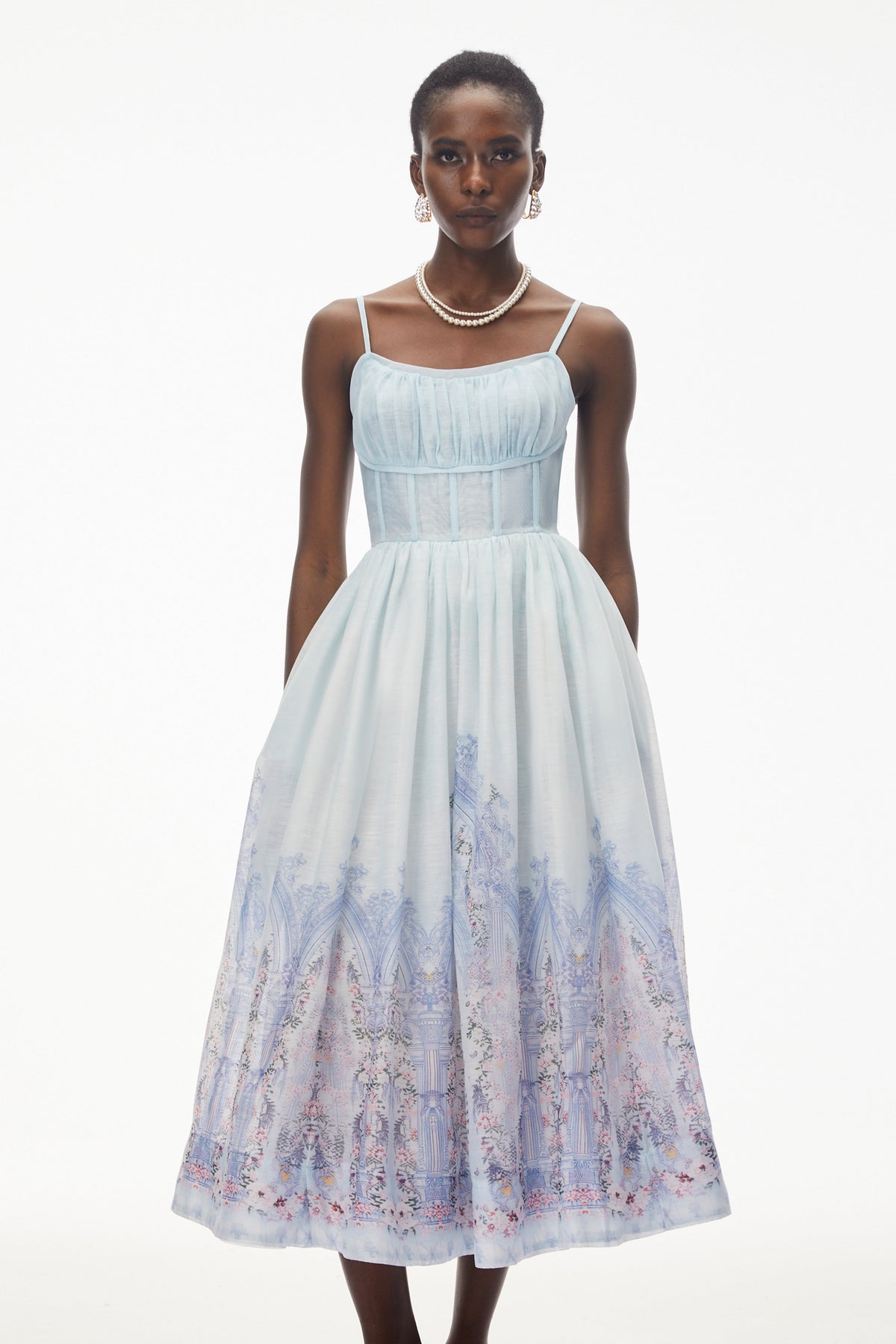 Iris Blue Sleeveless Ruched Midi Dress