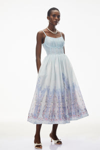 Iris Blue Sleeveless Ruched Midi Dress