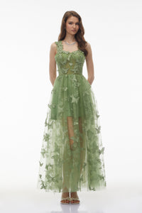 Iris Sage Green Tulle Maxi Dress with 3D Florals