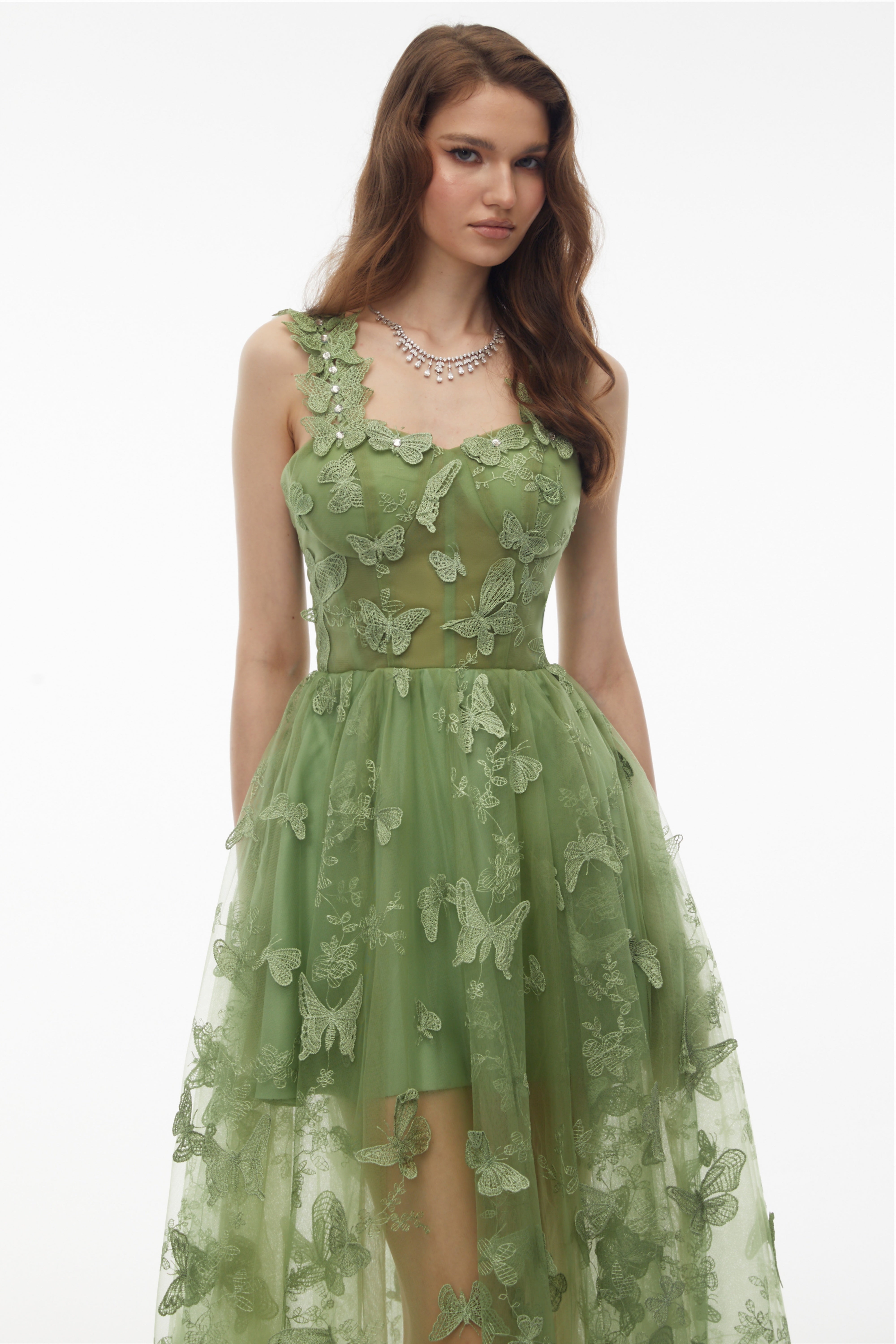 Iris Sage Green Tulle Maxi Dress with 3D Florals