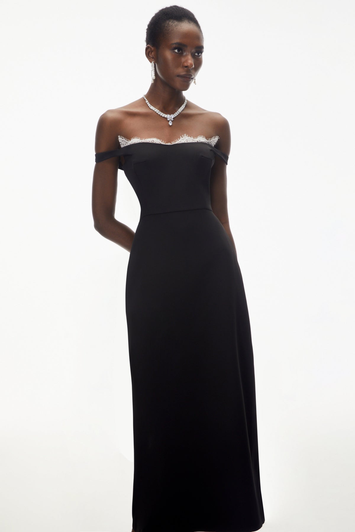 Isabella Black Off Shoulder Lace Panel Maxi Dress