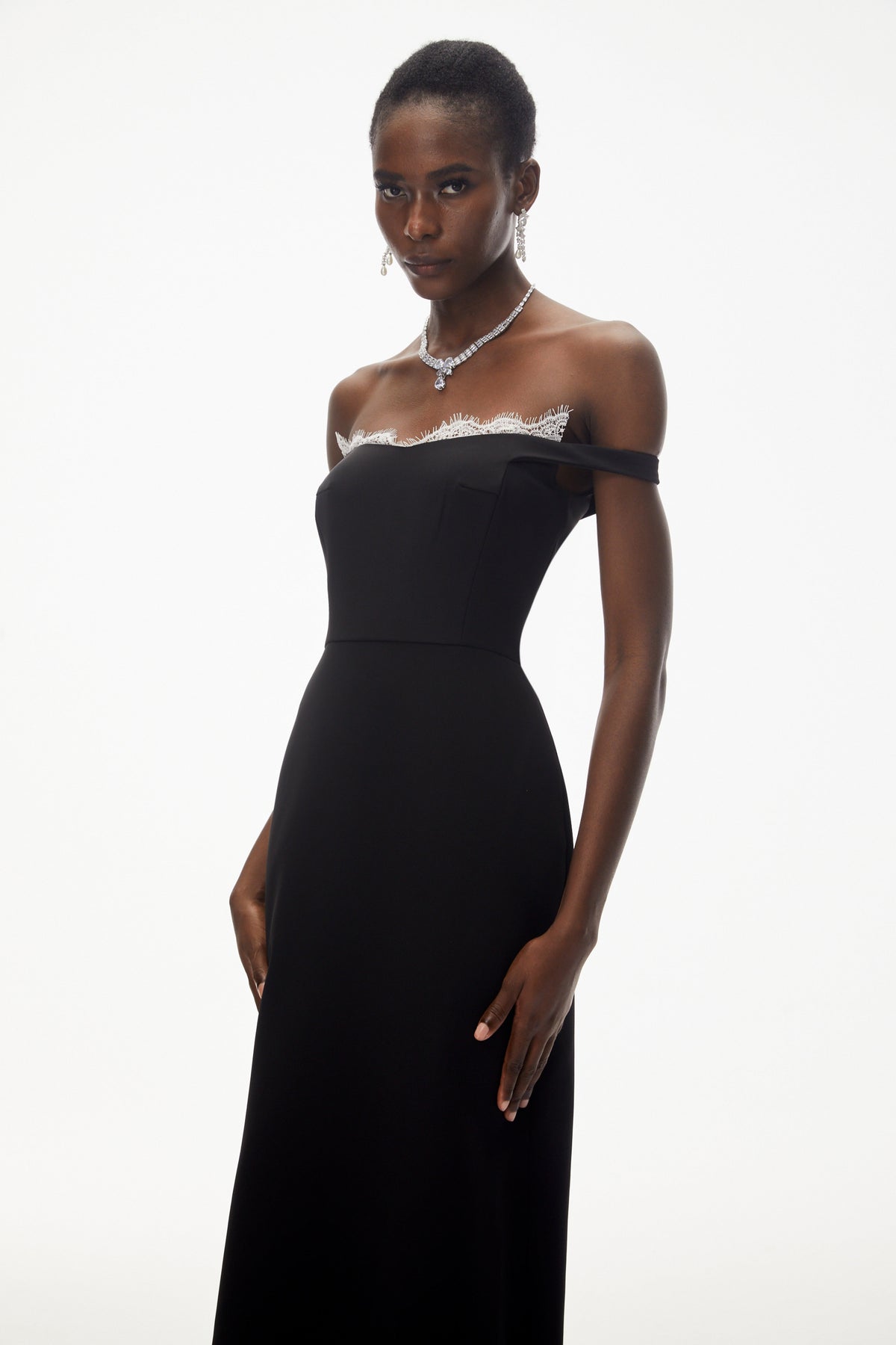Isabella Black Off Shoulder Lace Panel Maxi Dress