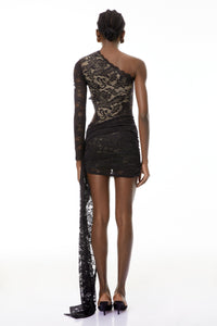 Isolde Black Asymmetraical Lace Mini Dress