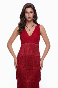 Isoldeia Red Sleeveless Lace Maxi Dress