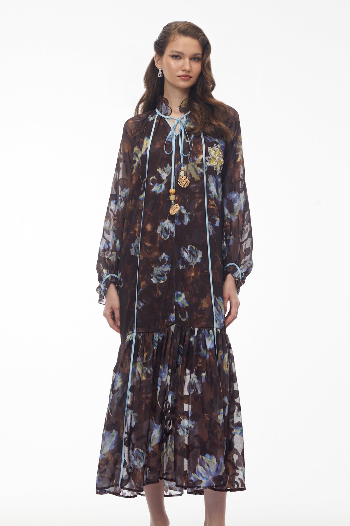 Iulian Brown Ruffled Floral Print Maxi Dress