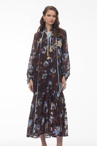 Iulian Brown Ruffled Floral Print Maxi Dress