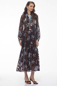 Iulian Brown Ruffled Floral Print Maxi Dress