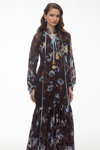 Iulian Brown Ruffled Floral Print Maxi Dress