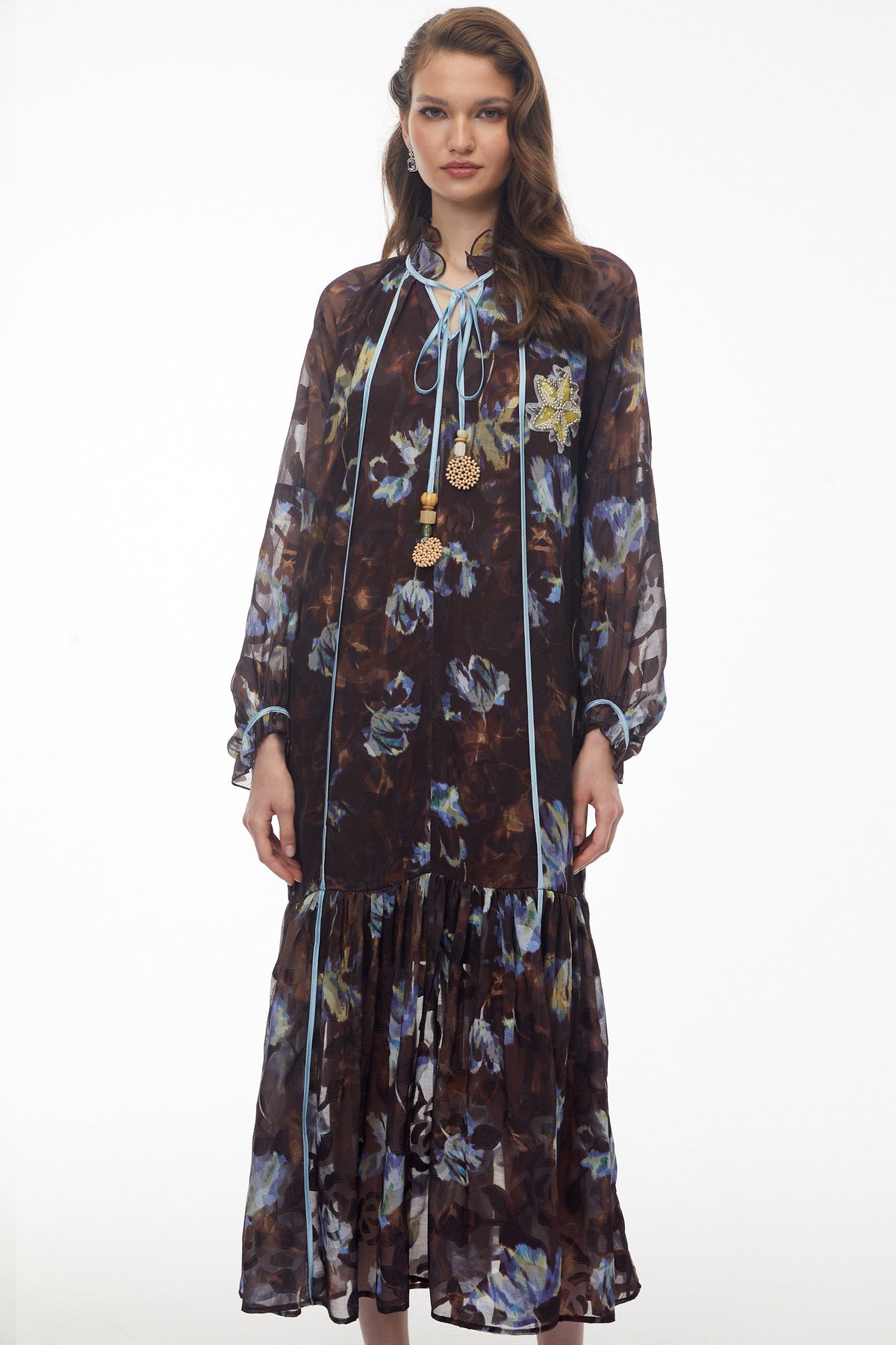 Iulian Brown Ruffled Floral Print Maxi Dress