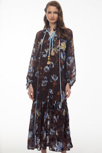 Iulian Brown Ruffled Floral Print Maxi Dress
