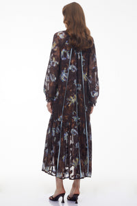 Iulian Brown Ruffled Floral Print Maxi Dress