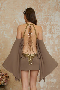 Jimena Brown Cold Shoulder Embellished Mini Dress