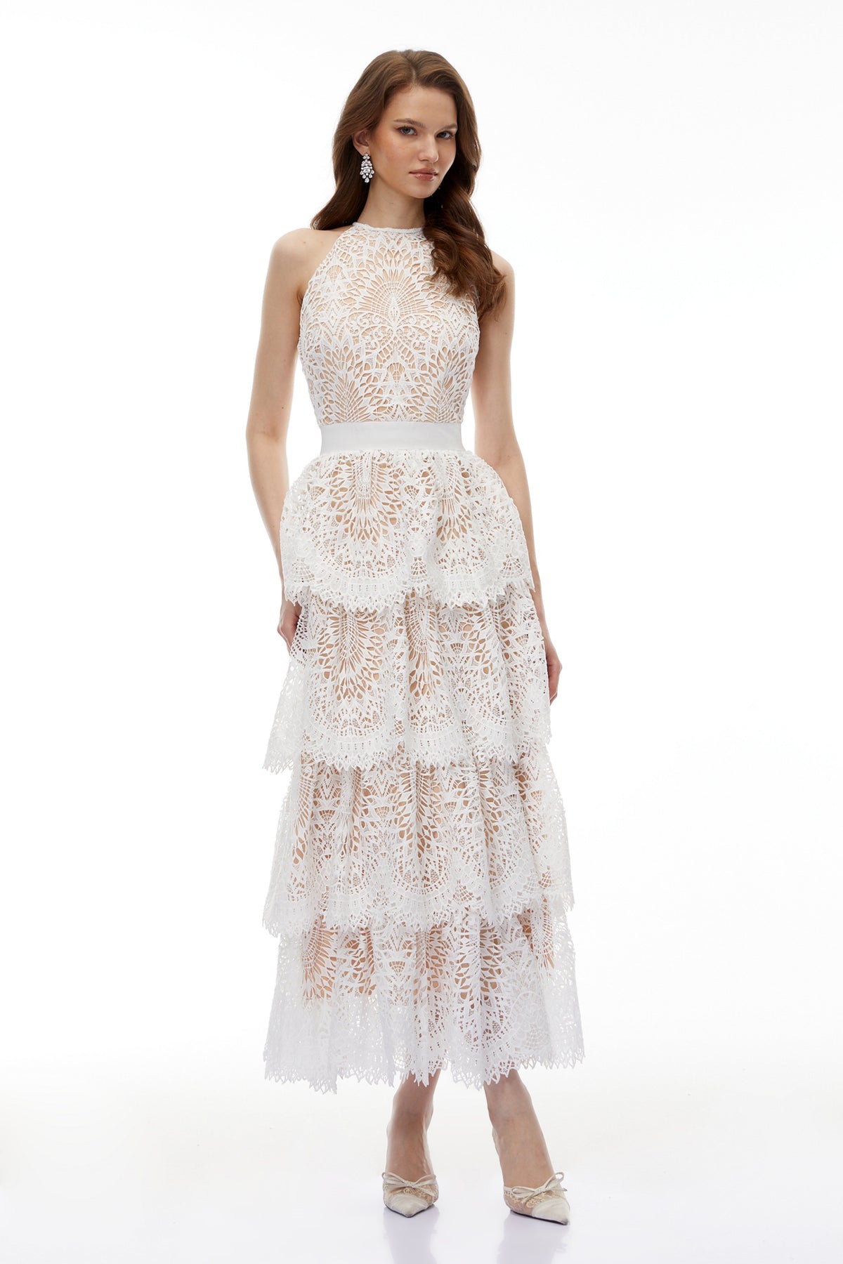 Jocaste White Halterneck Lace Maxi Dress