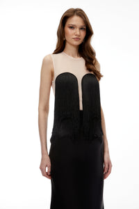 Jochebed Black Semi-Sheer Maxi Dress with Tassels