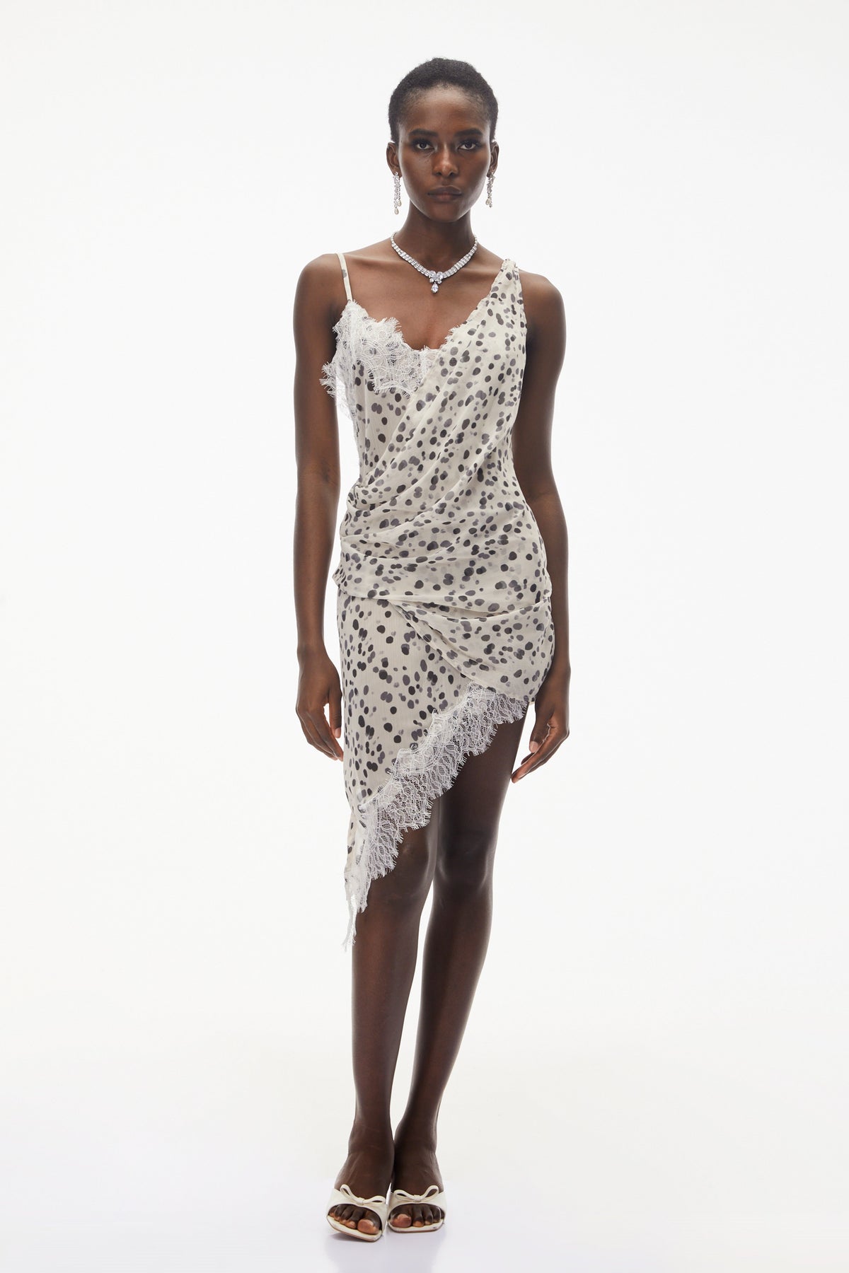 Jord White Polka Dot Mini Dress with Lace Panels