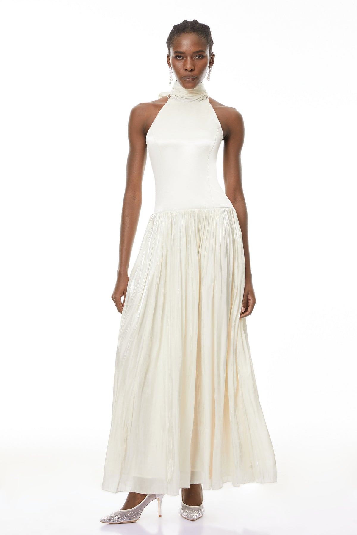 Jovita White Halterneck Pleated Maxi Dress