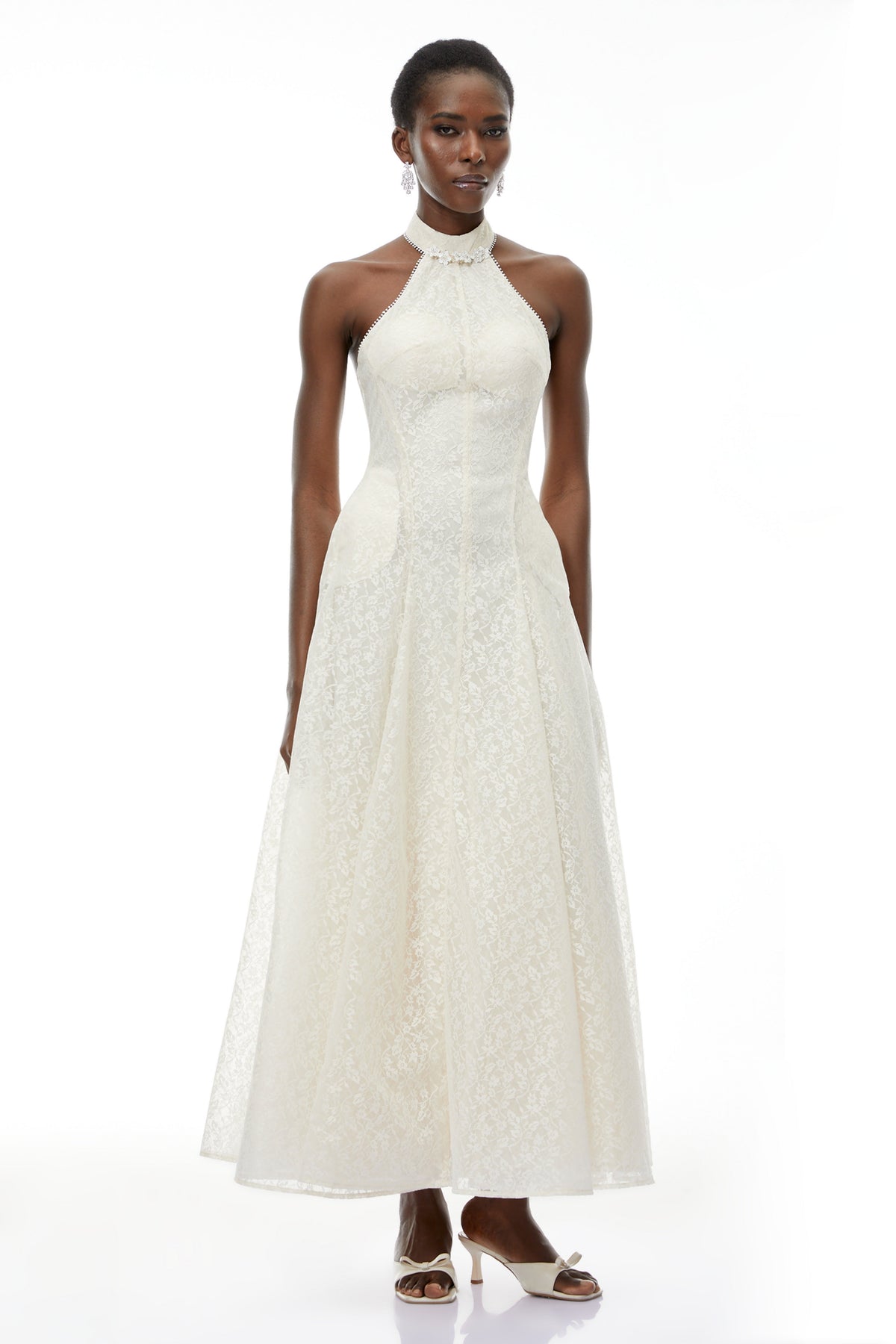 Juliet Cream White Halterneck Floral Lace Maxi Dress