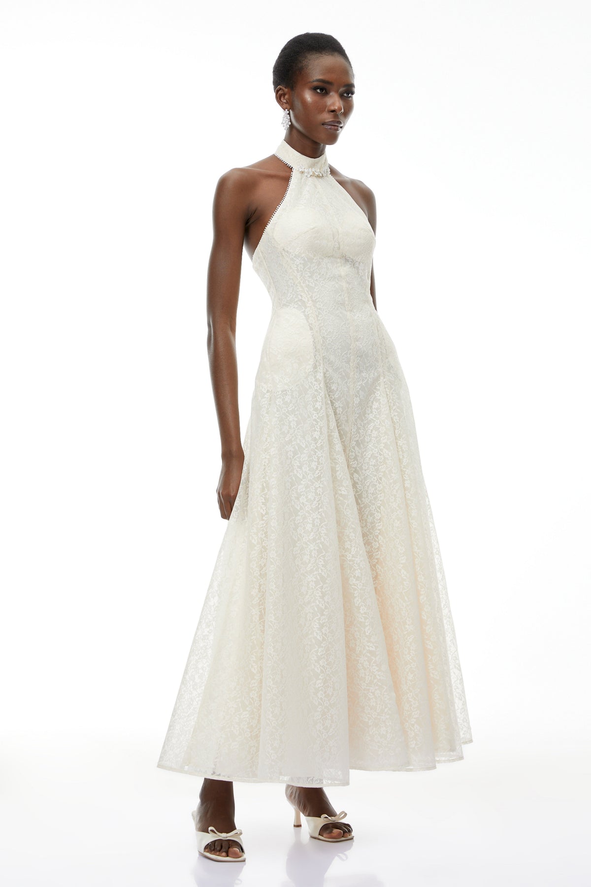 Juliet Cream White Halterneck Floral Lace Maxi Dress