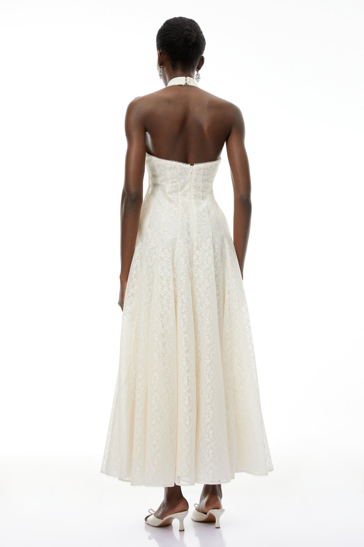 Juliet Cream White Halterneck Floral Lace Maxi Dress