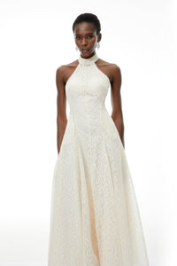Juliet Cream White Halterneck Floral Lace Maxi Dress