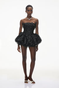 June Black 3D Petal Puff Mini Dress