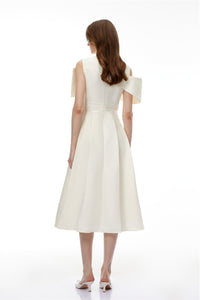Juniper Champagne V-Neck Satin Midi Dress with Bow Detail