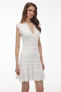 Kalypso White V-Neck Ruffled Knit Mini Dress