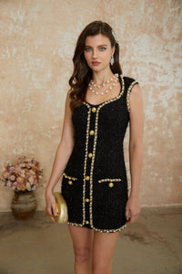 Kamila Black Tweed Mini Dress with Faux Pearls