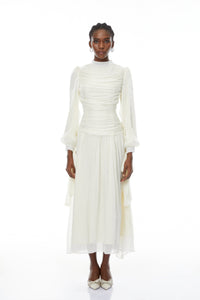 Katrín White Glossy Gathered Maxi Dress