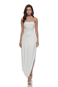 Kiia White Off Shoulder Ruched Midi Dress