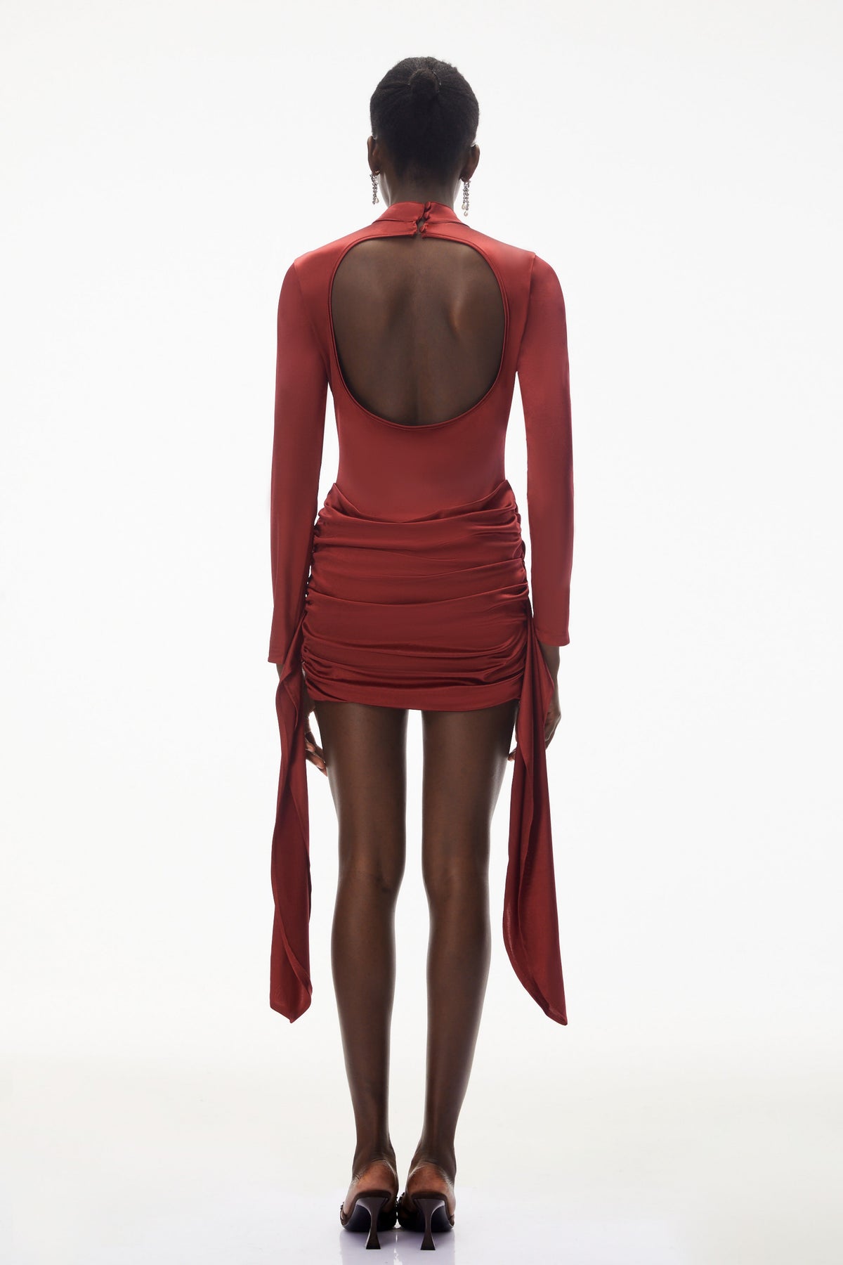Klavdiya Red Backless Ruched Satin Mini Dress