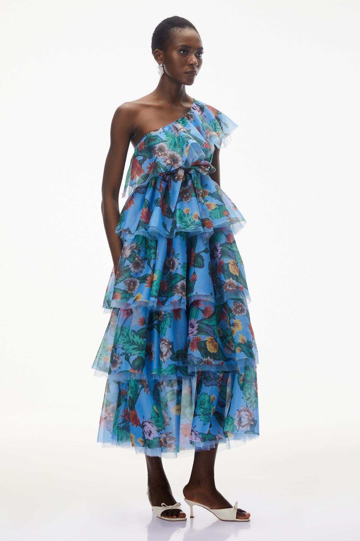 Kulthum Blue One Shoulder Floral Print Maxi Dress