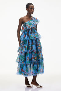 Kulthum Blue One Shoulder Floral Print Maxi Dress